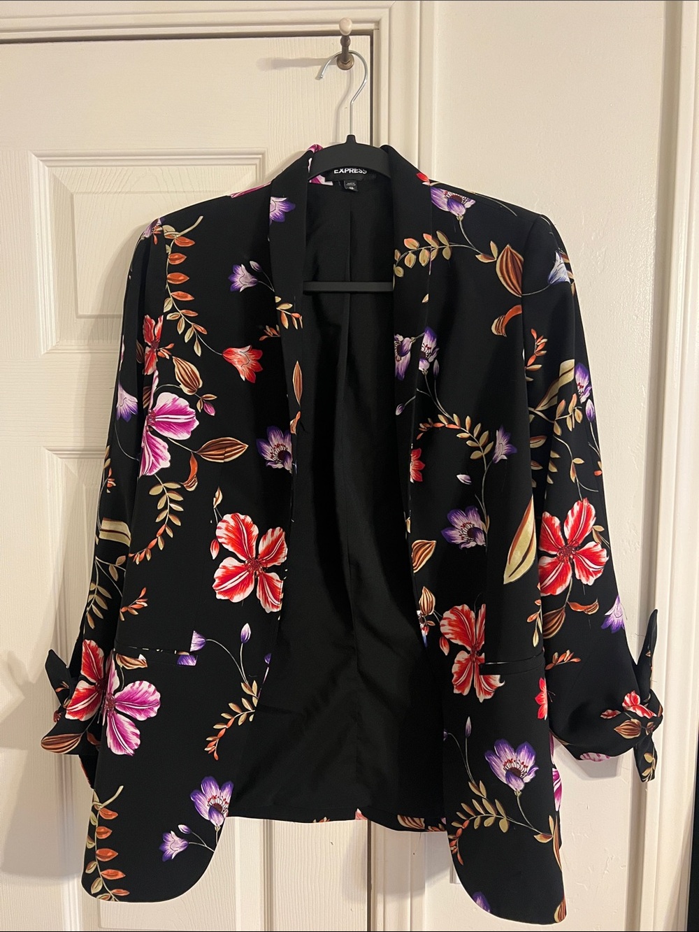 Express Black Floral Open Blazer with Red & Purple Blooms